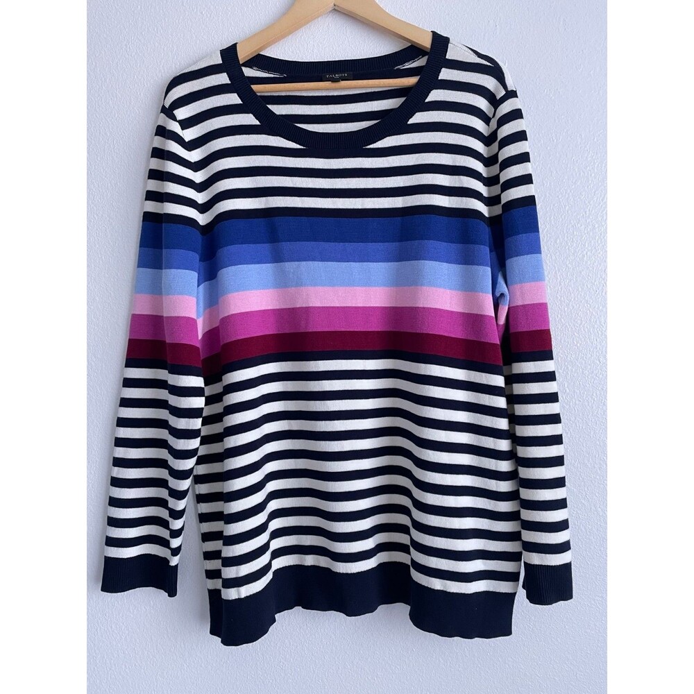 Talbots Womens 2X Plus Striped Crewneck Sweater Blue Pink Cotton Knit KH5348